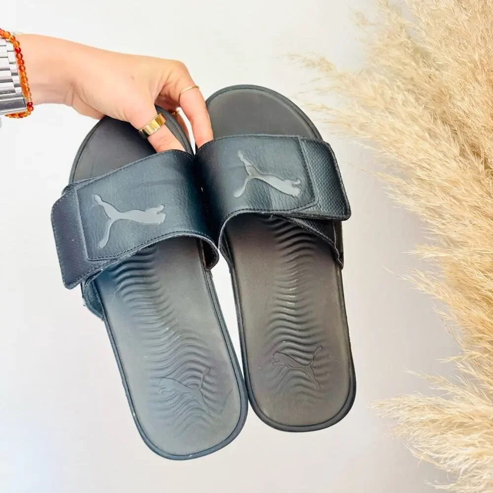MENS PUMA Black Slip On Hook Loop Adjustable Band Cool Cat $48 Sandals Slides 10